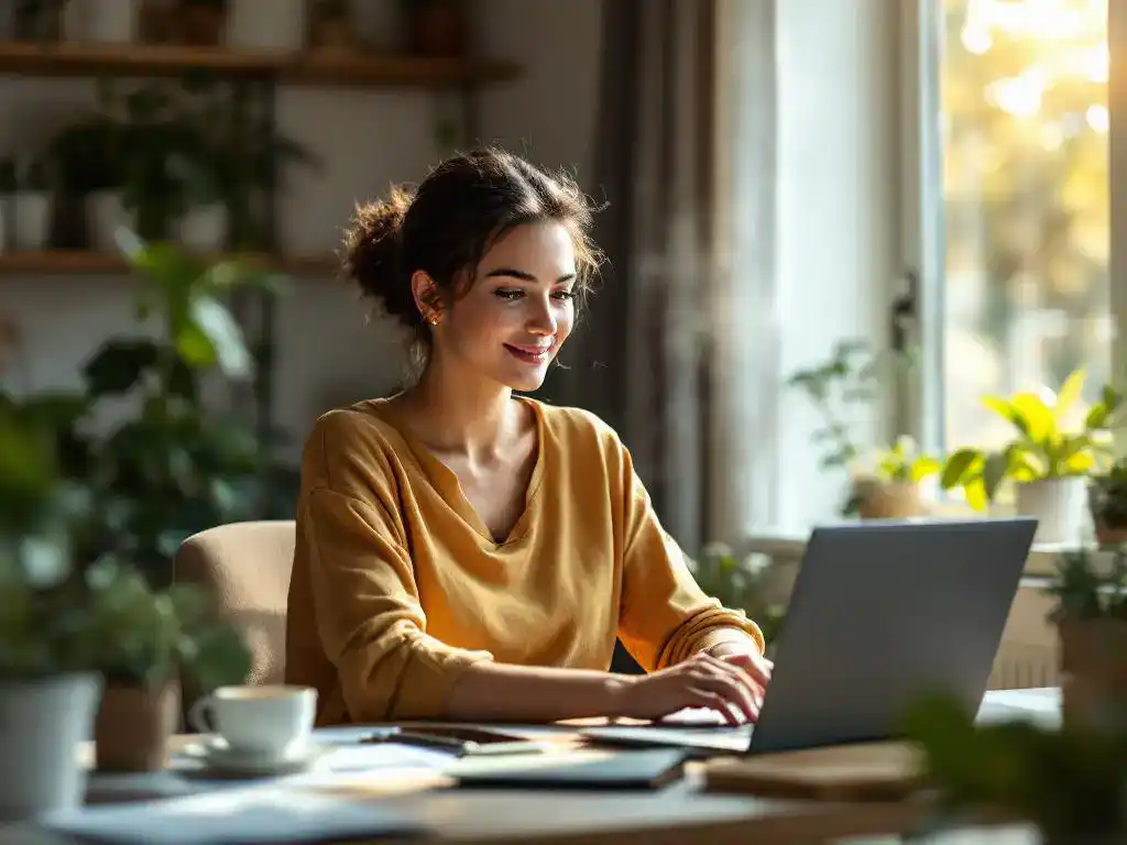 Professionele vrouw werkt energiek aan laptop in georganiseerde thuiswerkplek met thee, planten en natuurlijk licht