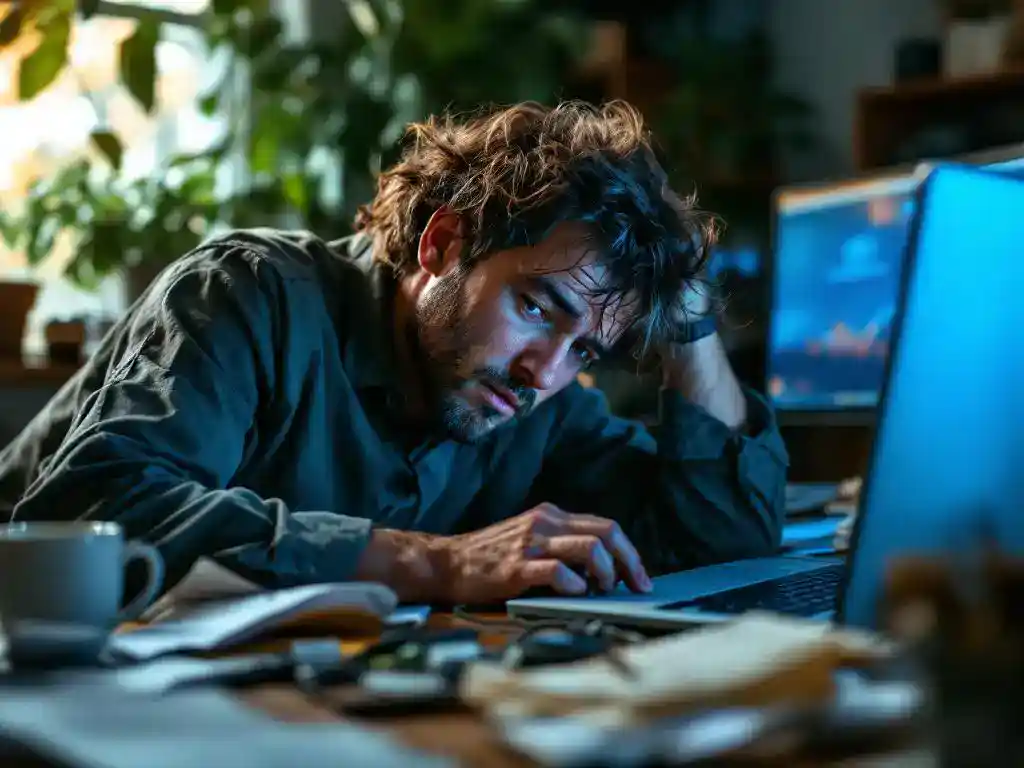 Uitgeputte thuiswerker leunt over laptop op rommelig bureau, koude koffie en verwelkte plant op achtergrond