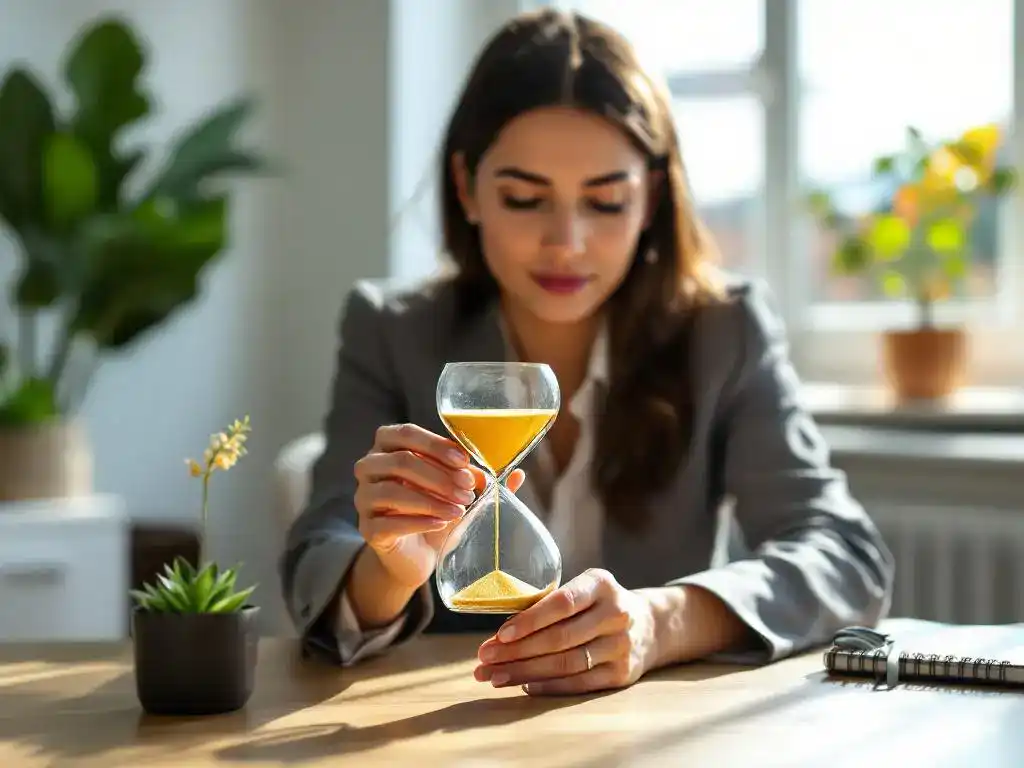 Professionele vrouw houdt zandloper vast aan bureau met plant en dagboek, symboliseert mindful timemanagement