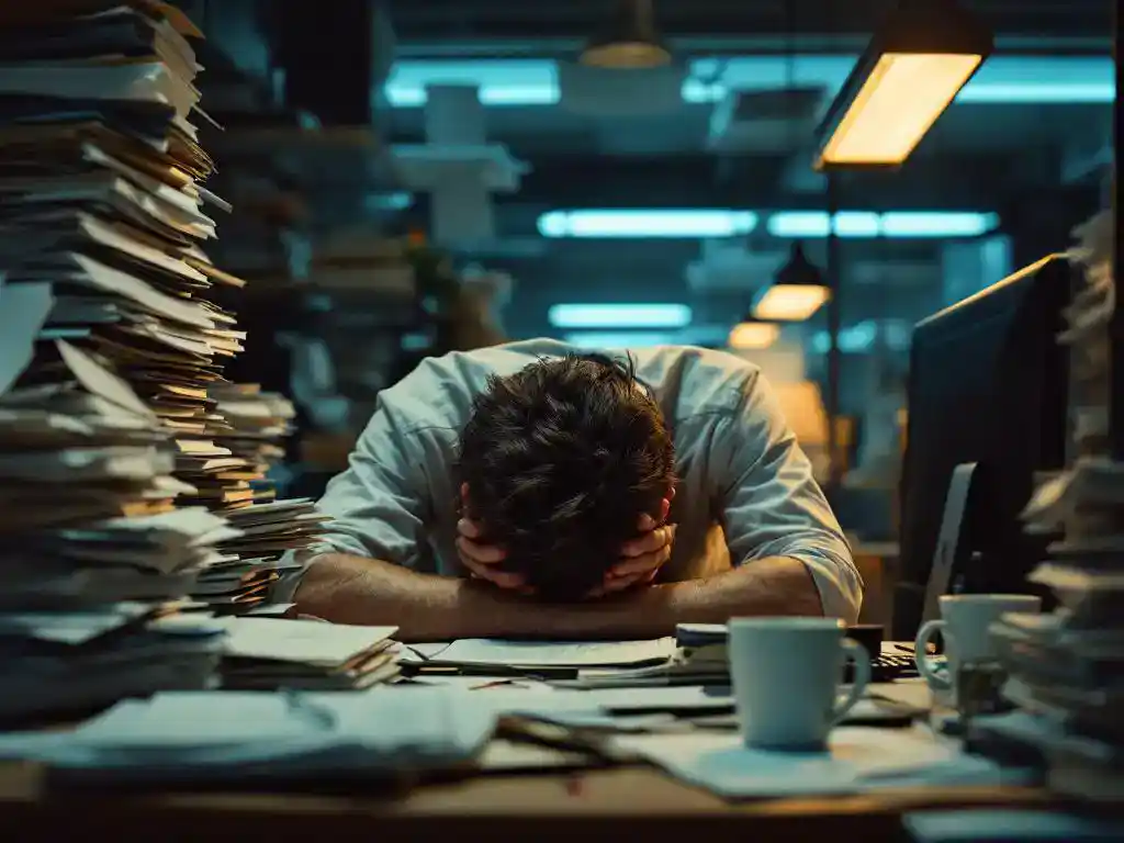 Uitgeputte kantoormedewerker met hoofd in handen aan rommelig bureau met stapels paperwerk en computerschermen