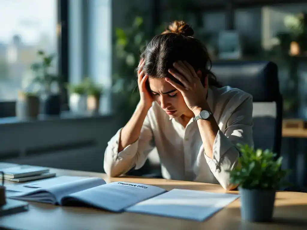 Gestresste professional met handen aan slapen bij bureau met verzekeringsdocument en plant in natuurlijk licht