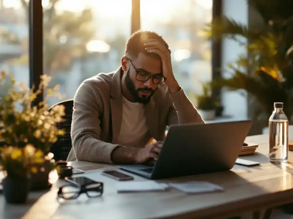 Gestresste professional aan bureau met laptop met wellness-app, smartphone, blauw licht bril en planten in kantoor