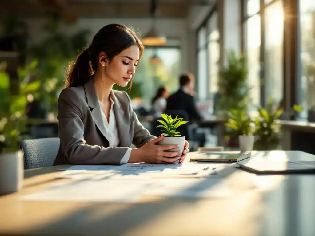 Professionele vrouw in pak houdt plantje vast terwijl ze wellnessdocumenten bekijkt op modern kantoor met natuurlijk licht