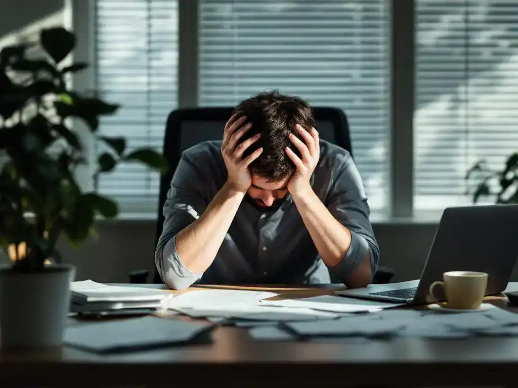 Kantoormedewerker met hoofd in handen van werkstress, laptop en papieren op bureau, uitgeputte houding op werkplek