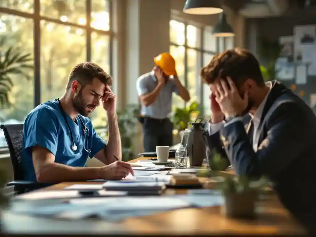 Gestresste zorgmedewerker, bouwvakker en kantoormedewerker tonen werkstress in modern kantoor met natuurlijk licht