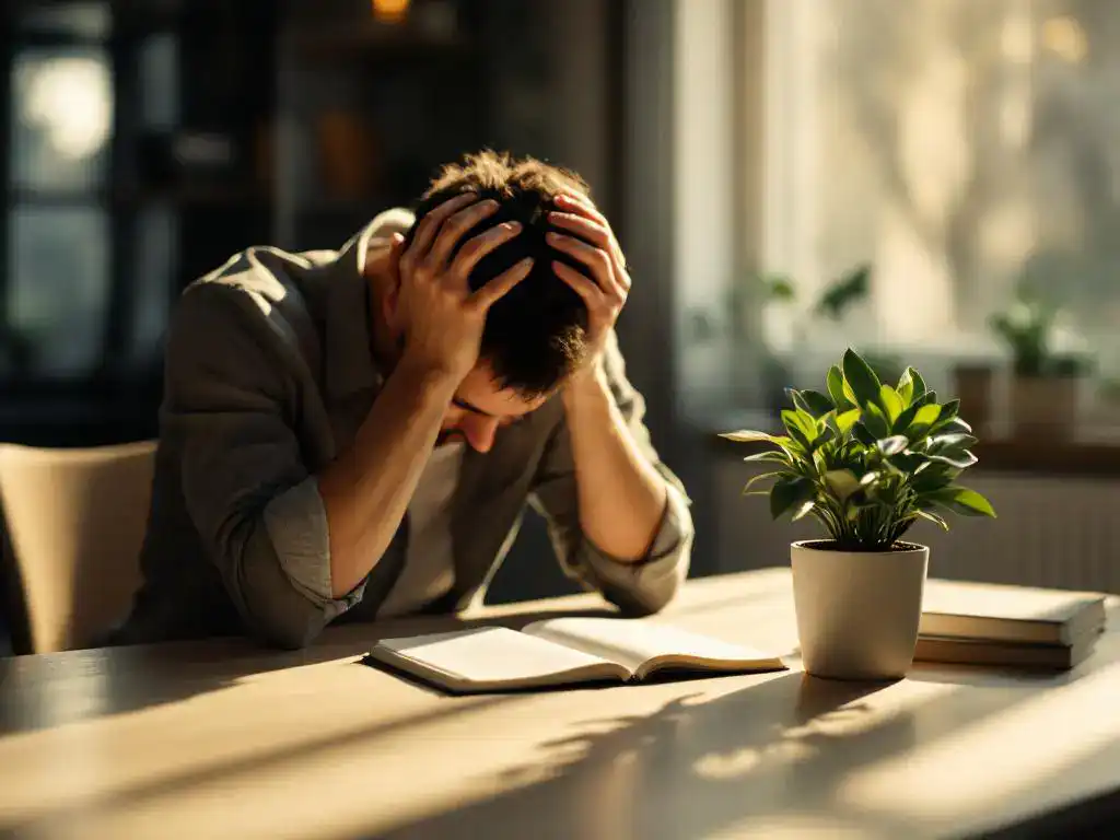 Gestresste professional met hoofd in handen aan bureau naast groene plant, natuurlijk licht door raam