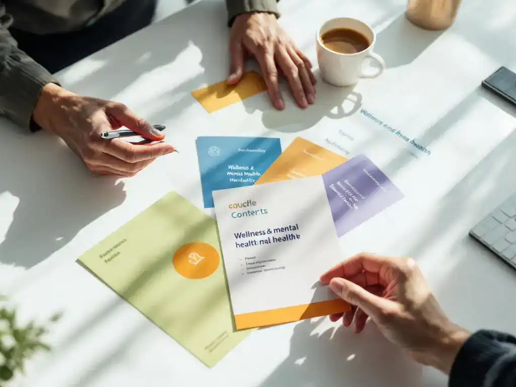 Bedrijfsconsultant bekijkt kleurrijke brochures van wellness en geestelijke gezondheid dienstverleners op wit bureau