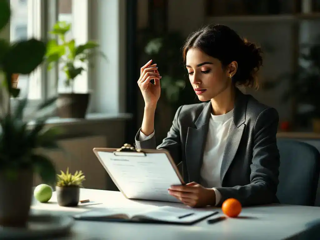 Professionele vrouw in pak bekijkt evaluatieformulieren aan modern bureau met plant en natuurlijk licht