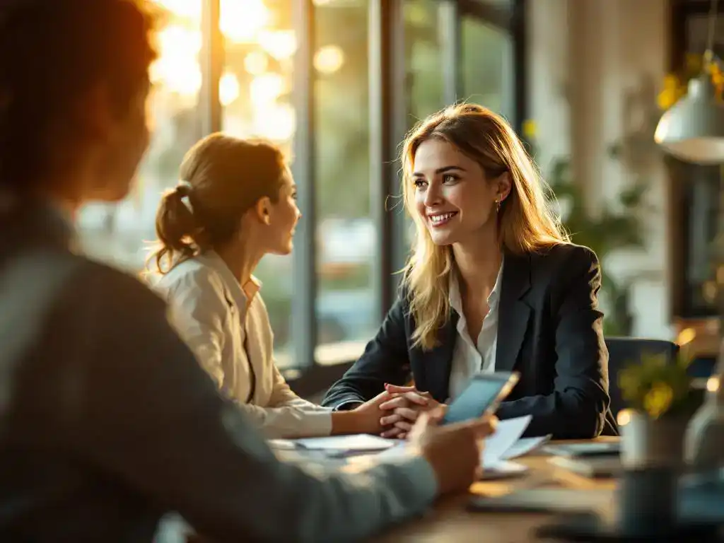 Professionele vrouw in gesprek met collega aan modern kantoorbureau met natuurlijk licht en plant