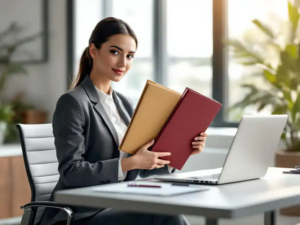 Professionele vrouw aan bureau houdt dunne manila map en dikke bordeauxrode ordner vast, laptop toont agenda