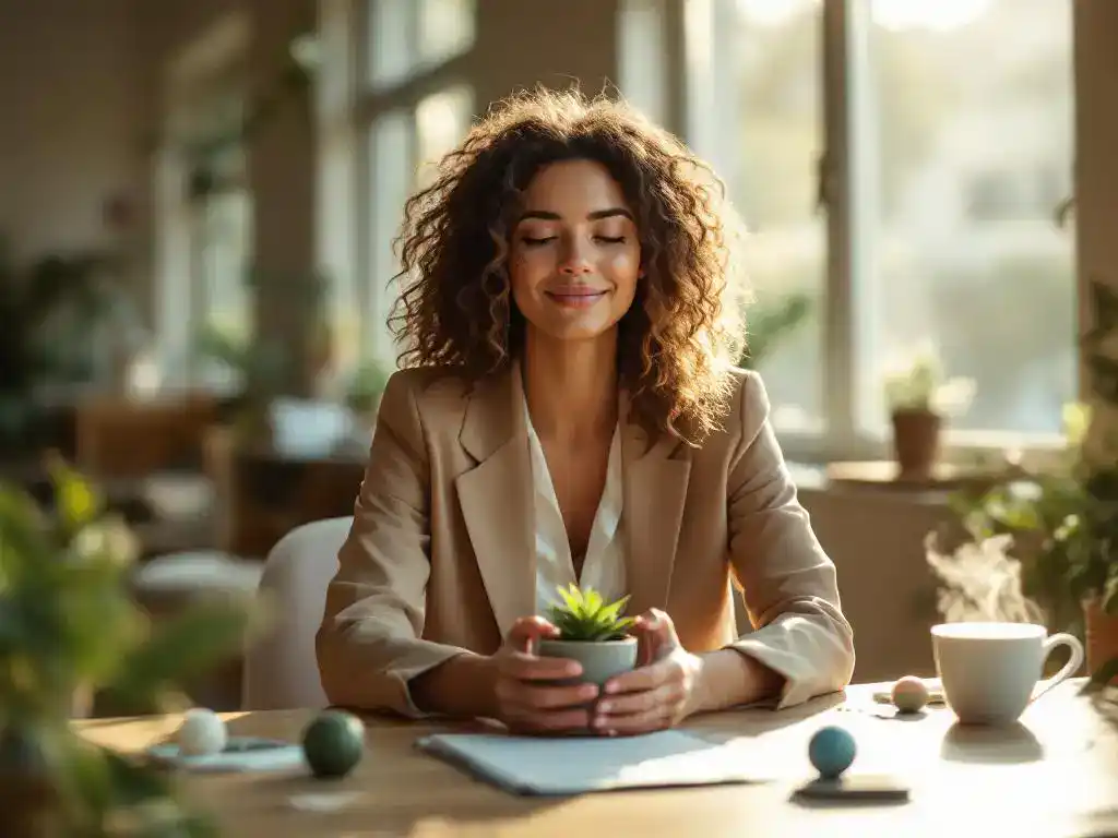 Professionele vrouw in pak houdt plantje vast aan bureau met welness items en thee, kalme uitstraling in kantoor