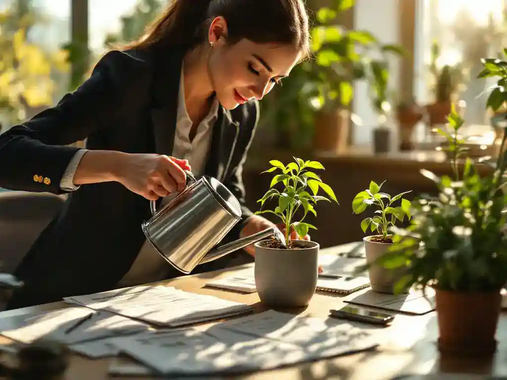 Professionele vrouw verzorgt kantoorplant met gieter, wellness programma materialen op bureau, natuurlijk zonlicht