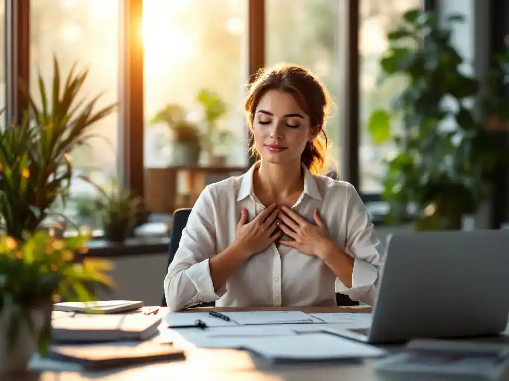 Professionele vrouw beoefent ademhalingstechniek op kantoor met laptop en documenten op bureau