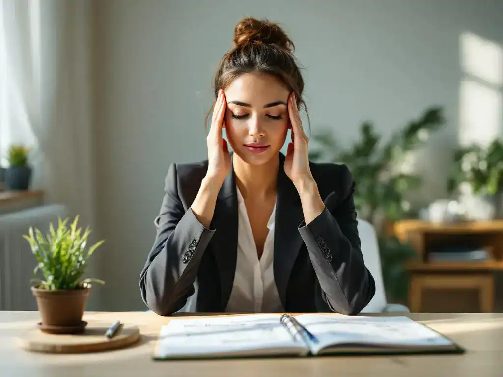 Professionele vrouw in kantoor met handen aan slapen, pauze nemend bij bureau met plant en notitieboek, natuurlijk licht