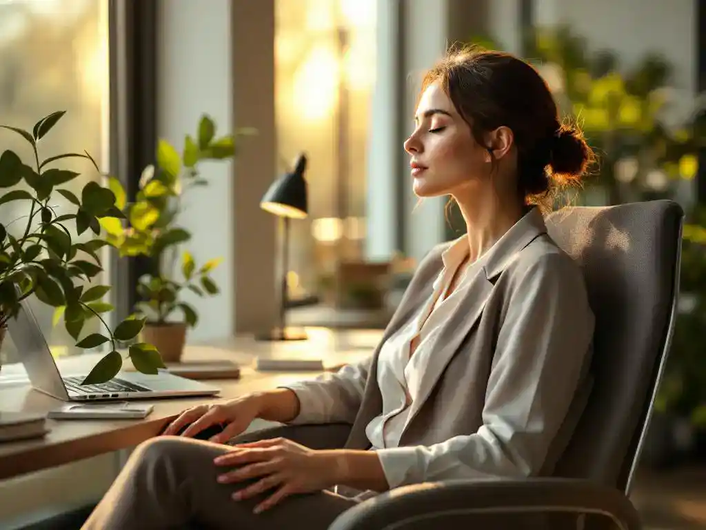 Professionele vrouw ontspant met gesloten ogen in moderne bureaustoel, plant en laptop op bureau, zonlicht door raam