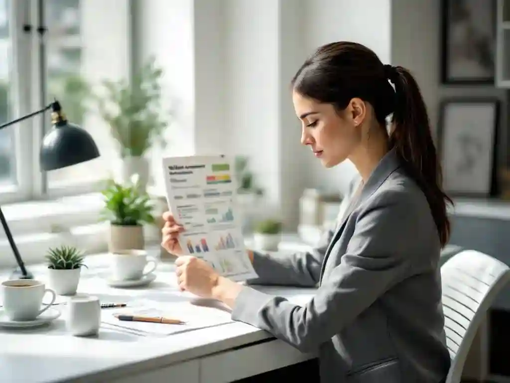 Professionele vrouw in pak bekijkt wellness voortgangsgrafiek aan modern bureau met plant en koffie