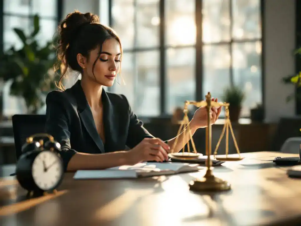 Zakenvrouw houdt weegschaal met klok en plant vast aan bureau, symboliseert werk-privébalans in modern kantoor