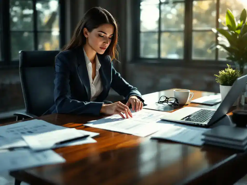 Professionele zakenvrouw in marineblauw pak bestudeert documenten aan bureau met laptop en koffie bij raam