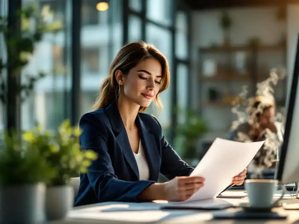 Professionele zakenvrouw in marineblauw jasje bekijkt wellness documenten aan modern bureau met koffie en plant