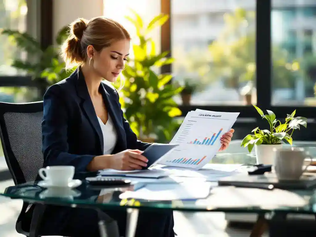 Zakenvrouw in marineblauw pak analyseert kostenanalyse spreadsheet aan glazen bureau in modern kantoor