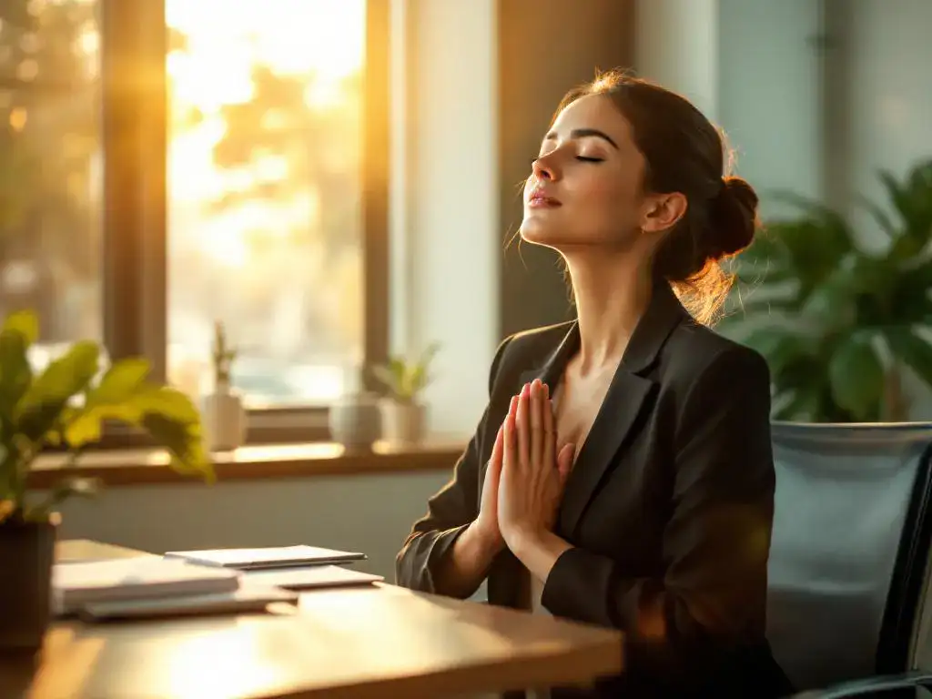Professionele vrouw in pak oefent mindful ademhaling op kantoor met ogen dicht, plant en papieren op bureau