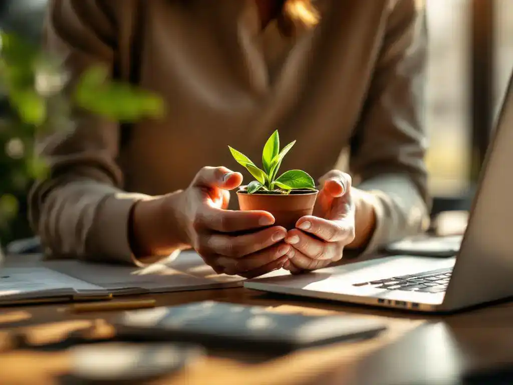 Zakenvrouw beschermt kleine groene plant op bureau naast laptop in kantoor met natuurlijk zonlicht