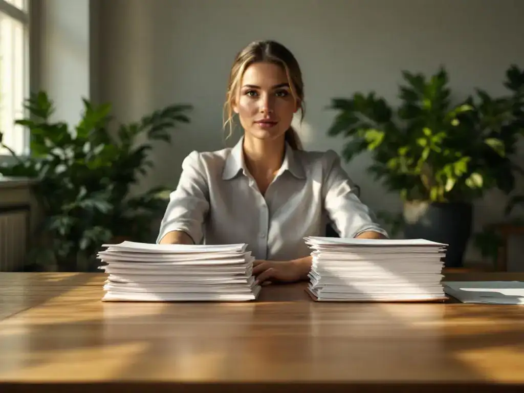 Professionele vrouw aan bureau met documenten over medische behandeling en preventiestrategieën in modern kantoor