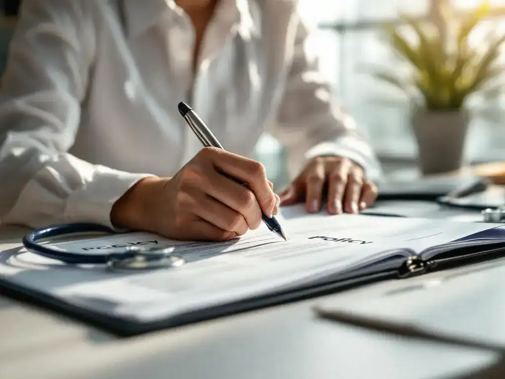 Zakenvrouw schrijft in beleidsdocument aan bureau met stethoscoop, natuurlijk licht valt door raam